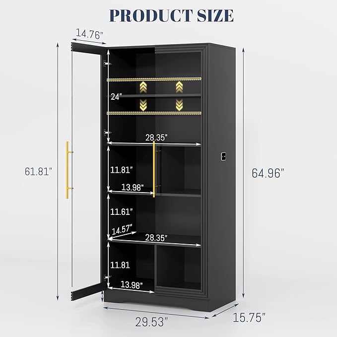 Vlsrka 65" File Cabinet, Filing Cabinets Fit Letter/A4 Size, Storage Cabinet with Doors & Lights, Tall File Bookcase with 2 Adjustable Shelves for Home Office, Living Room, Black