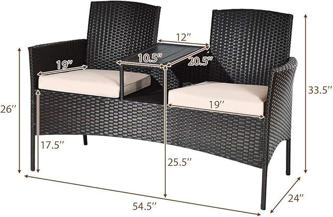 COSTWAY 2-Seat Patio Conversation Sets, Outdoor Patio Loveseat Set with Removable Cushions & Built-in Coffee Table for Backyard, Garden, Lawn, Balcony, Brown+Beige