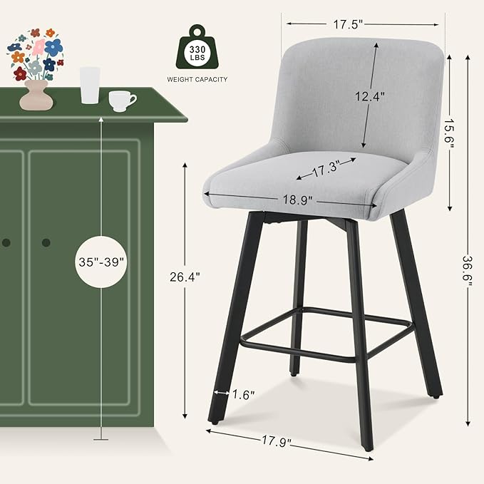 Swivel Bar Stools Set of 3, 26''H Upholstered Barstools with Backs, Modern Counter Height Bar Stool Chairs for Kitchen Island, Metal Legs, Light Gray Fabric Counter Stools