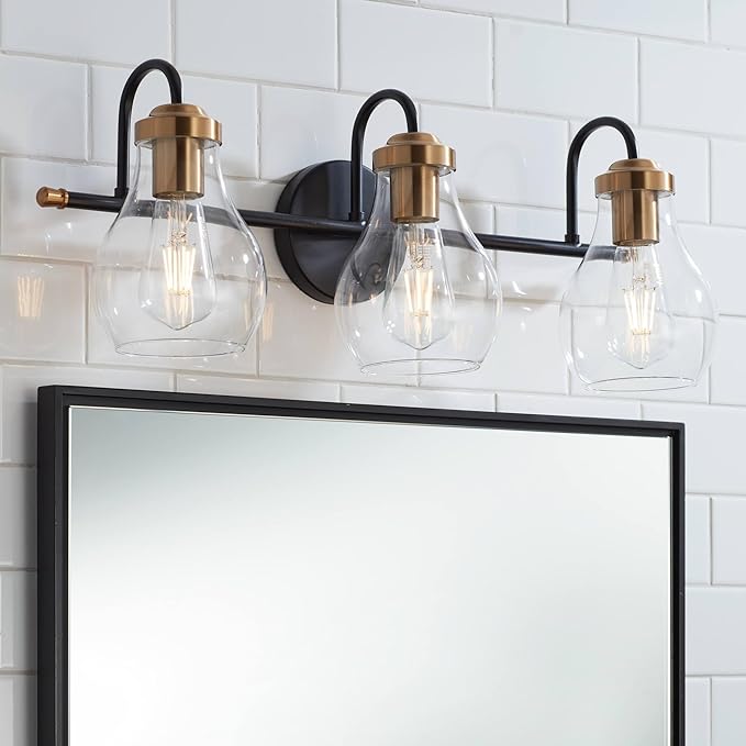 Possini Euro Design Brade Industrial Modern Wall Light Black Gold Hardwired 22 3/4" 3-Light Fixture Clear Glass Shades for Bedroom Bathroom Vanity Reading Living Room Hallway House Home Decor