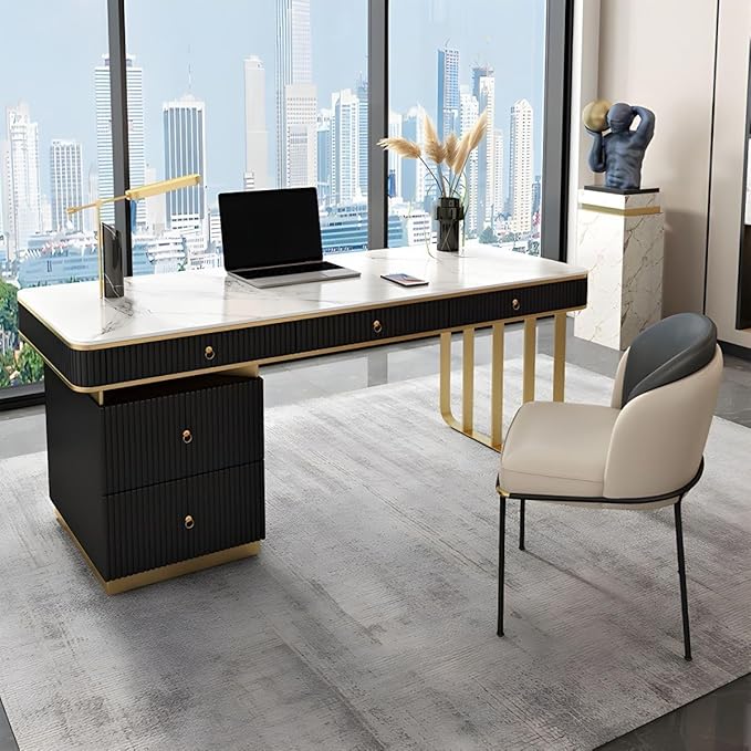 RUNNUP Stone top Computer Desk with 5 Drawers, Rectangular Home Computer Desk Writing Desk, Modern Executive Desk, Without Chairs, Black, 63" L x 23.5" W x 29.5" H