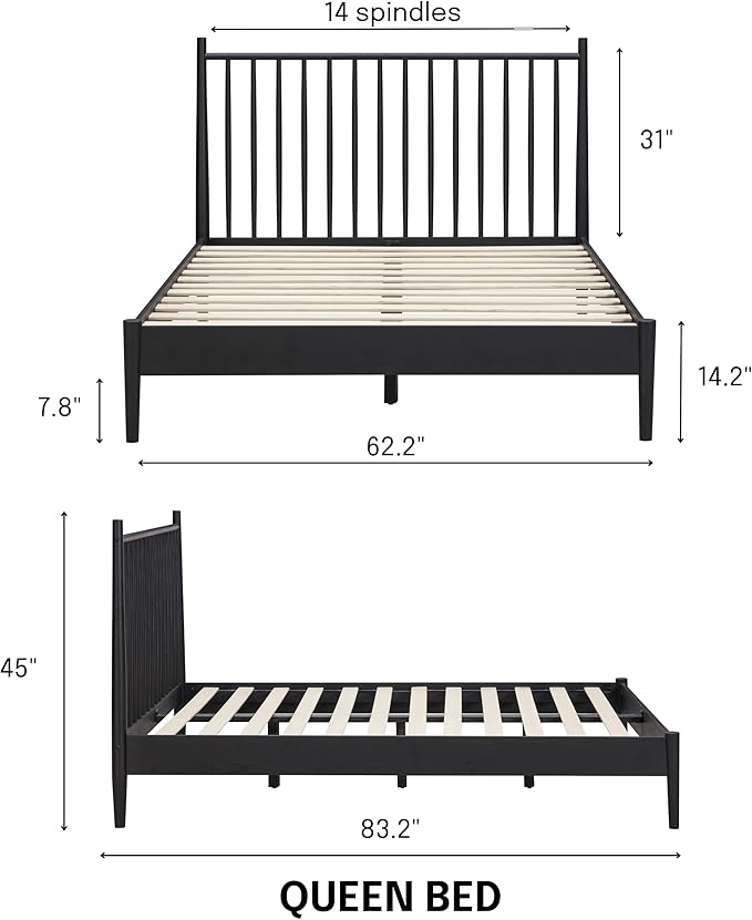 NTC Inno Wooden Bed Frame with Headboard, Solid Oak and Rubber Wood Foundation with Silent Slats and Wood Central Supports, 1000 Lb Capacity, Effortless Assembly, Queen - Burnt Black