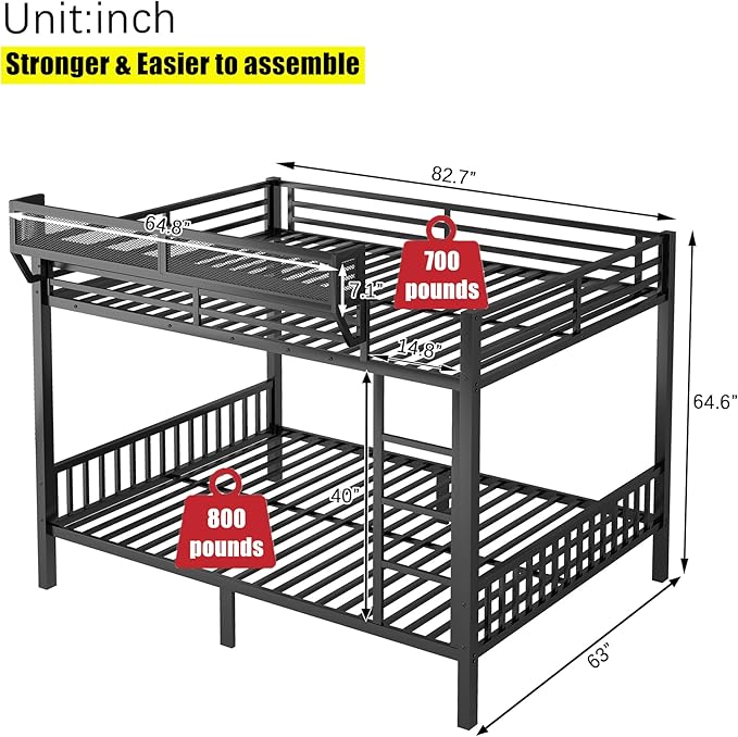 Stronger & Higher Quality Heavy Duty Steel Bunk Bed Queen Over Queen Size Bunkbed, Thickened Safer More Stable Metal Queen Bunk Bed Frame (Faster Assembly)
