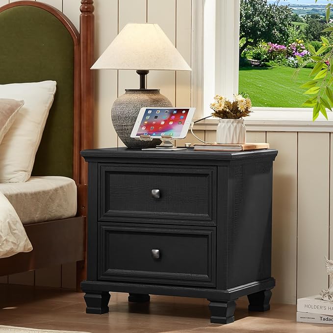 Farmhouse Bedroom Dresser and Nightstand Set of 4, 6 Drawer Tall & Low Dresser & 2 Drawer Nightstand Set, Rustic Wood Bedroom Furniture Set for Livingroom, Hallway, Black