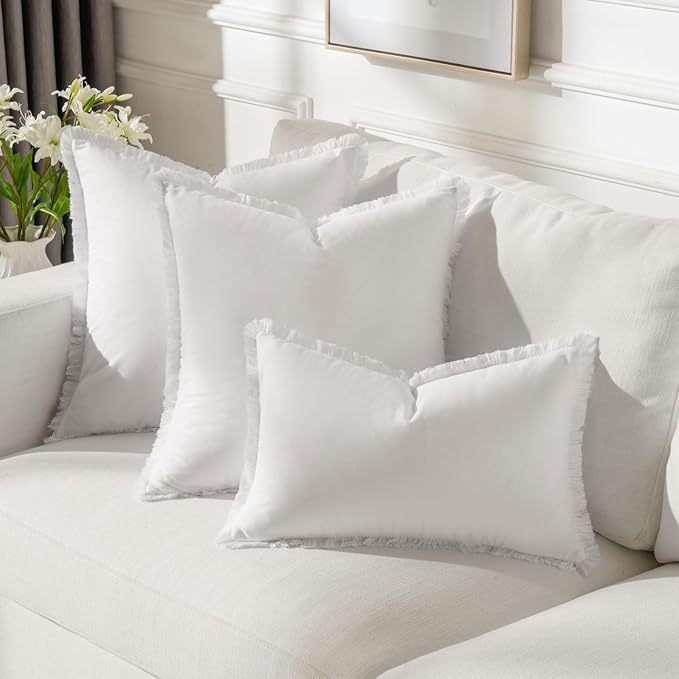 FUTEI Cream White Velvet Decorative Throw Pillow Covers 18x18 Set of 2,Soft Cozy Edge with Tassels Cushion Case,Boho Modern Home Decor for Couch Bed Living Room