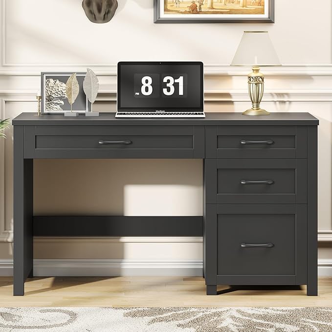 Vabches Farmhouse 47" Executive Desk, Computer Desk with File Drawer and Charging Station, Workstation for Home Office, Study,Pure Black.