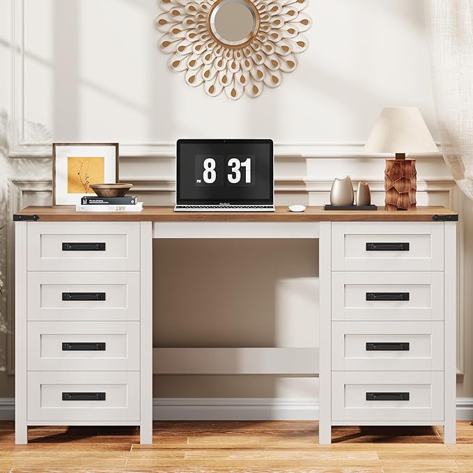 Vabches Farmhouse 60.6” Executive Desk with 7 Drawers, Computer Desk with File Drawer for Hanging Files A4, Workstation for Home Office, Study.