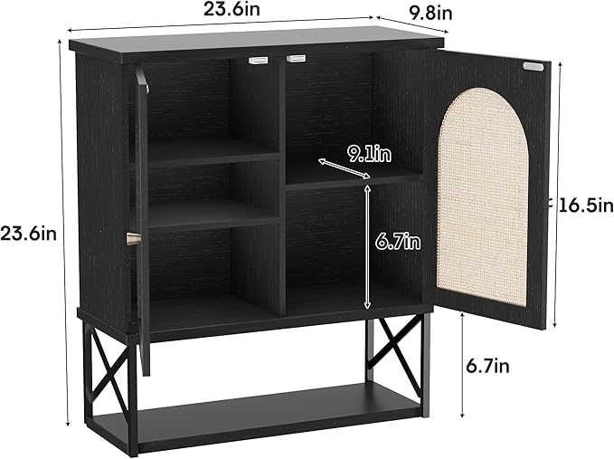 Rattan Bathroom Wall Cabinet, Boho Medicine Wall Cabinet with Double Doors and Adjustable Shelves, Tall Kitchen Wall Mounted Storage Cabinet, Floating Space Saver Over Toilet, Black