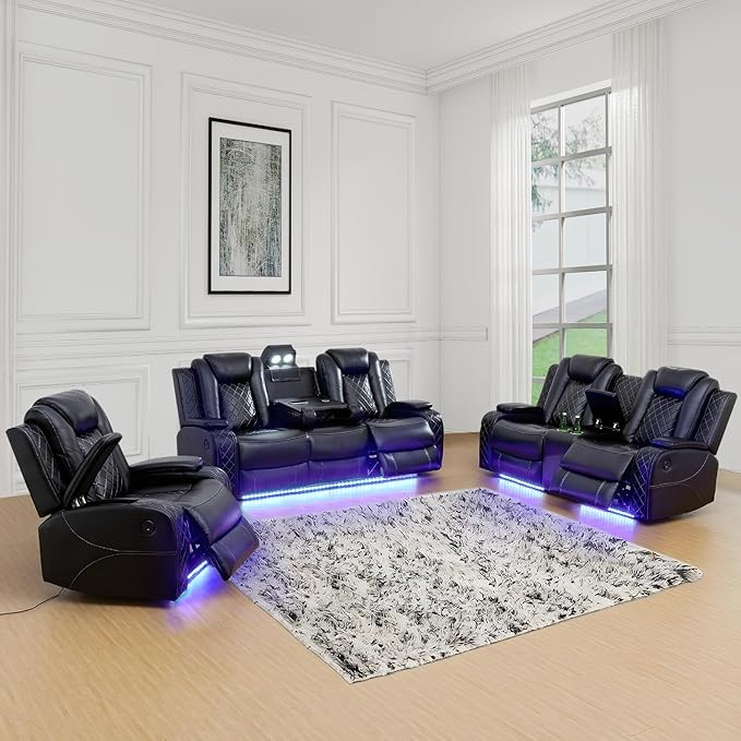 Power Recliner Sofa Set with LED, Black Leather Reclining Living Room Sofa, Muti-Functional Recliner Sofa and Couch with Storage Console/Cup Holders/USB Ports