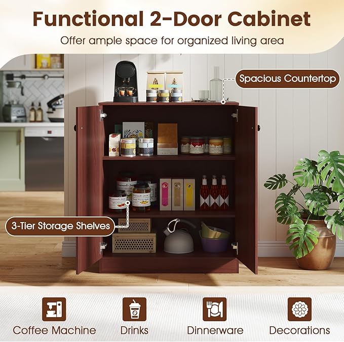 GOFLAME Floor Storage Cabinet with 2 Doors, Freestanding Accent Storage Cabinet Organizer with 3-Tier Inner Shelves, Modern Sideboard Buffet Cabinet for Kitchen, Living Room, Entryway, Dark Brown