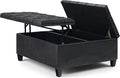 SIMPLIHOME Harrison Coffee Table Storage Ottoman - 36 inch Wide Upholstered Vegan Leather Square Lift-Top Ottoman in Distressed Black, Transitional Ottoman for Living Room with Hidden Storage