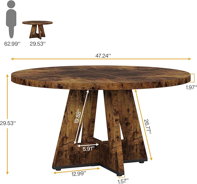 Tribesigns Round Dining Table for 4, 47 inch Farmhouse Circle Kitchen Table with Wooden Pedestal Base for Kitchen, Dining Room, Living Room (Rustic Brown)