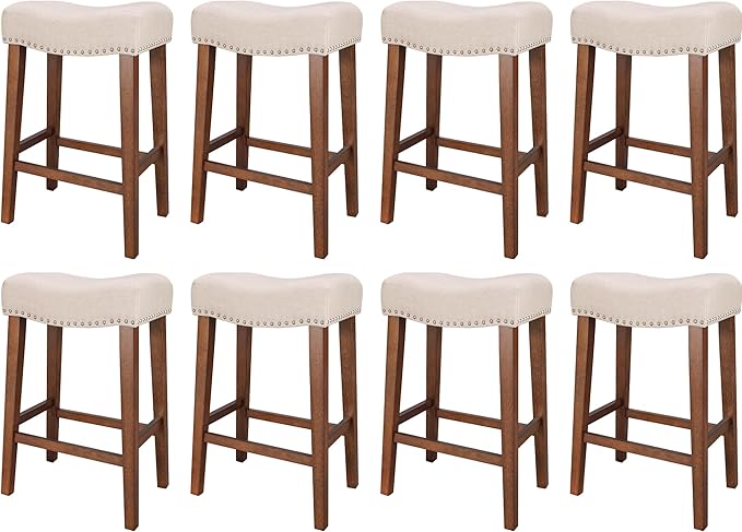 PrimeZone Counter Height Bar Stools Set of 8 - Backless Saddle Barstools with 4.3" Thick Upholstered, Nailhead Trim Linen Fabric & Solid Wood Legs, 26 Inch Counter Stools for Kitchen Island, Beige