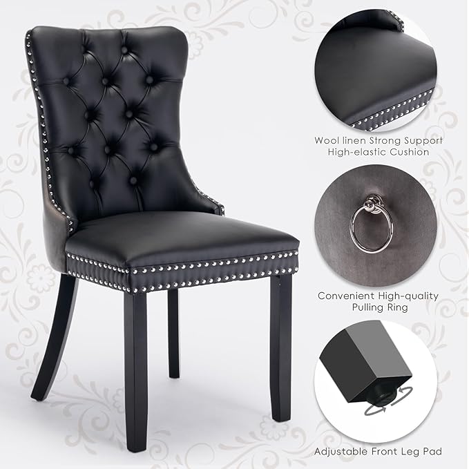 Leather Upholstered Dining Chairs Set of 4, Modern Style Kitchen Side Chairs with Nailhead Trim and Wood Leg, Metal Pulling Ring for Dining Room Living Room(Black&Grey,Set of 4)