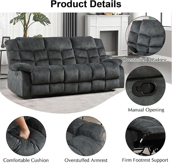 CANMOV Manual Reclining Sofa, 3 Seat Recliner Sofa with Armrest and Overstuffed Backrest, Couch Set for Living Room, Bedroom, Office, Grey