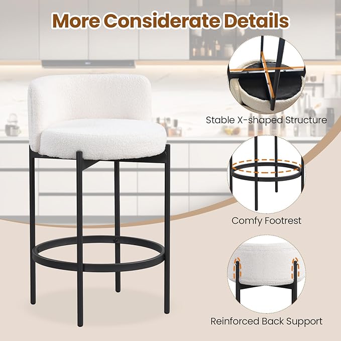 COSTWAY Counter Height Bar Stools Set of 4, 24.5 Inch Boucle Modern Barstools w/Curved Backrest, Metal Frame, Comfy Footrest, Upholstered Island Chairs for Dining Room, Kitchen, Cafe, 400 LBS Max Load