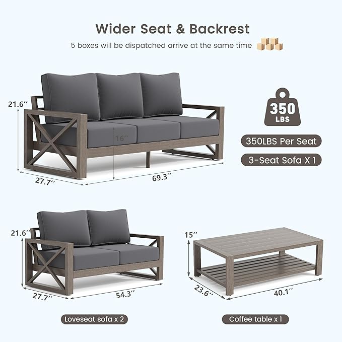 UDPATIO Aluminum Patio Furniture Set, 7 Seats Outdoor Patio Sets with Coffee Table, Faux Wood Patio Furniture Set Metal Modern Outdoor Sectional for Deck Porch Patio, Dark Grey