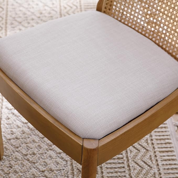 Upholstered Wooden Dining Chairs Set of 4, Farmhouse Kitchen & Dining Room Chairs with Cane Back, Accent Dining Table Chairs Beige Linen Seat for Kitchen/Restaurant/Living Room, Beige