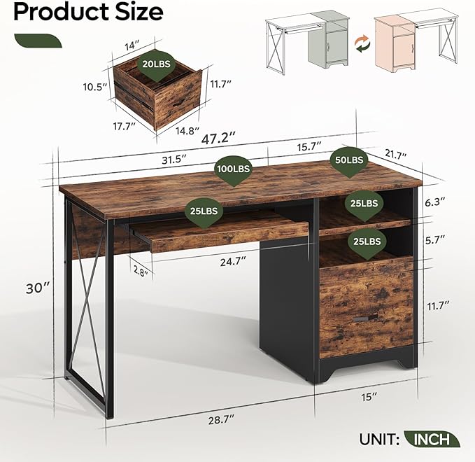 Bestier 47" Computer Desk with Drawers, Home Office Desk with Keyboard Tray, Reversible Industrial Office Desk with Storage Cabinet for Small Space Home Office & Studio, Rustic Brown