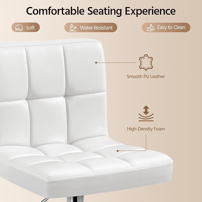 Yaheetech Bar Stools, PU Leather Adjustable Swivel Barstools, Armless Hydraulic Kitchen Counter Bar Stool, Kitchen Island Chairs, White