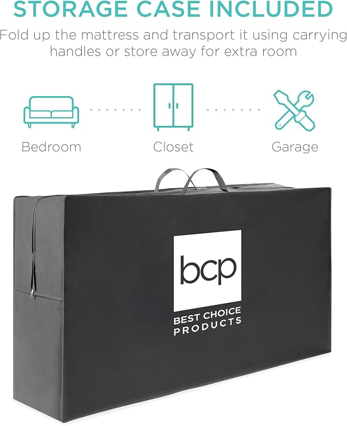 Best Choice Products 4in Portable Twin XL-Size Mattress, Tri-Fold Mattress for Camping, Guest, Toddler, Foam Plush w/Carry Case - Grey