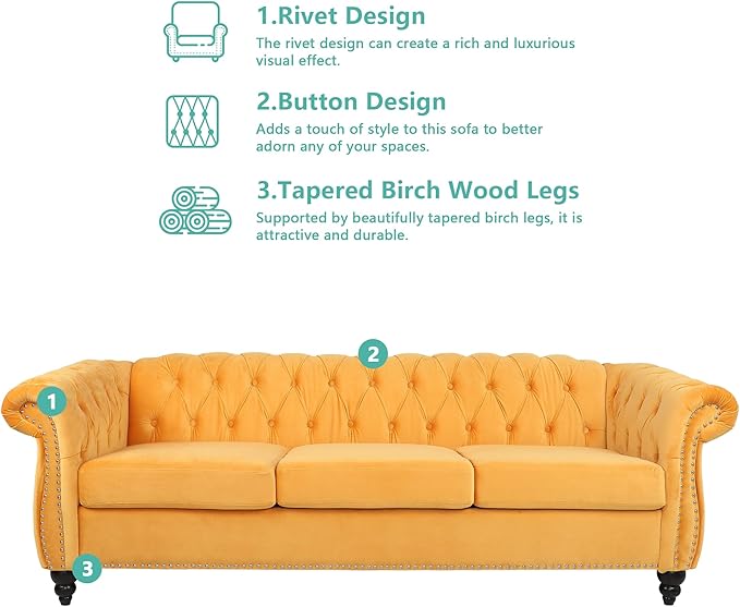 Home Sofa Living Room Furniture, 3 Seater 84" Velvet Upholstered Couch, Mid Century Modern Comfy Couch with Cushions, Classic Tufted Chesterfield Couches for Bedroom, Office, Apartment (Yellow)