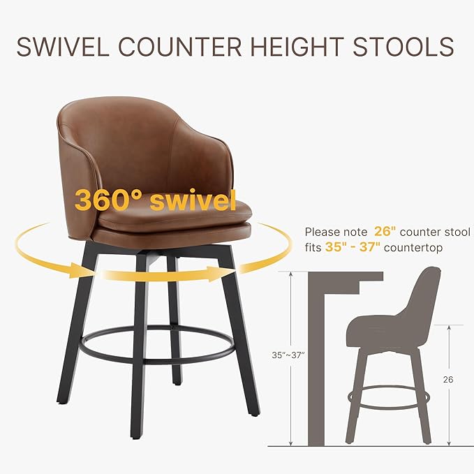 Counter Height Barstools 26 inch Upholstered Swivel Bar Stools with Back and Wood Legs for Kitchen Island,Set of 3,Brown PU Leather