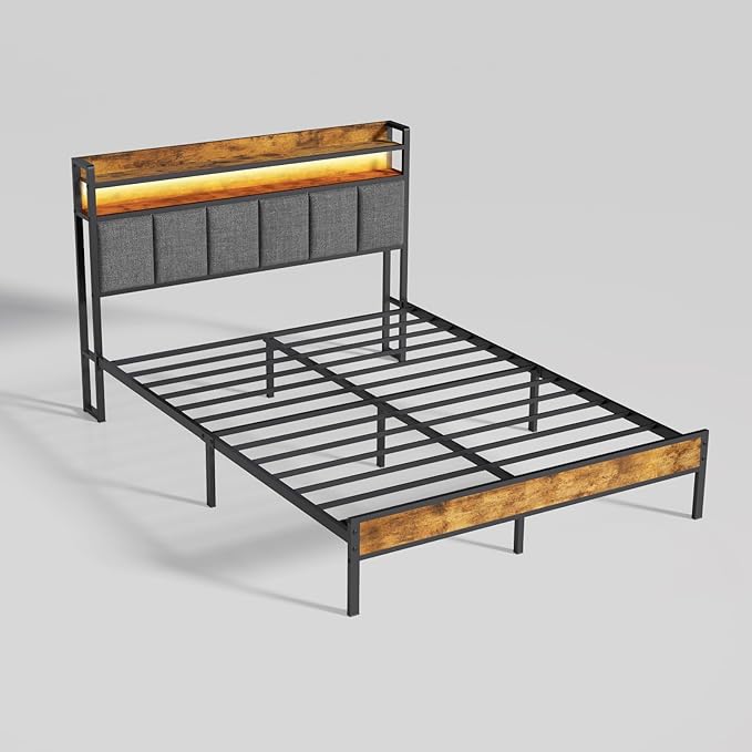 Z-hom Queen Bed Frames, Queen Bed Frame with 2-Tier Storage Upholstered Headboard, Metal Platform with USB Charging Station & LED Lights, Noise Free, No Box Spring Needed, Easy Assembly, Vintage Brown