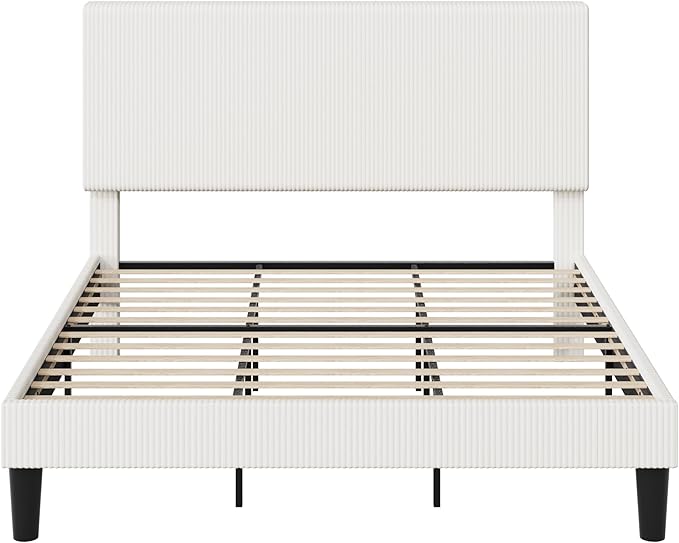 Allewie King Size Upholstered Bed Frame with Vertical Channel Tufted Headboard, Soft Corduroy Fabric Platform Bed, Strong Wooden Slats Support, Easy Assembly, No Box Spring Needed, White