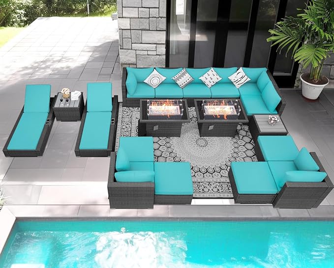NICESOUL 18 Piece Outside Patio Set with Firepit and Loungers, Luxury Huge Complete Outdoor Sectional Sets with Fire Pit Table, 14-Seater Wide Deep Seated Sofa Modular for Deck,Poolside Gray&Turquoise