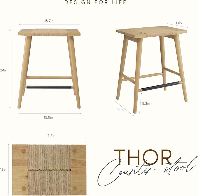 Thor Wicker Premium Solid Wood Counter Stool 24", Set of 2, Backless Counter Height Stool with Hand-Knitted Rope, Eco-Friendly Modern Design (Light Oak)