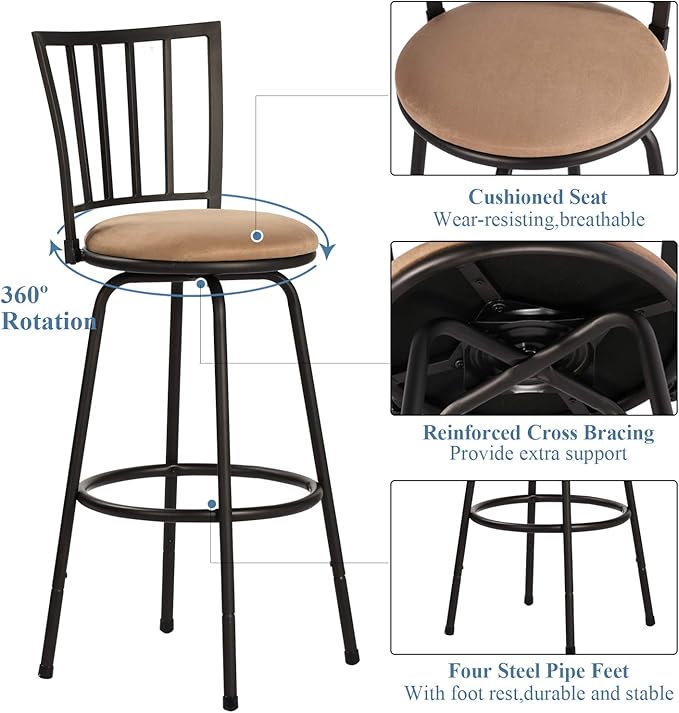 VECELO Bar Stools Adjustable Height, 24/29" Barstool Swivel Counter Stool with Upholstered Seat,Steel Bistro Pub Chairs, Straight Line Backrest