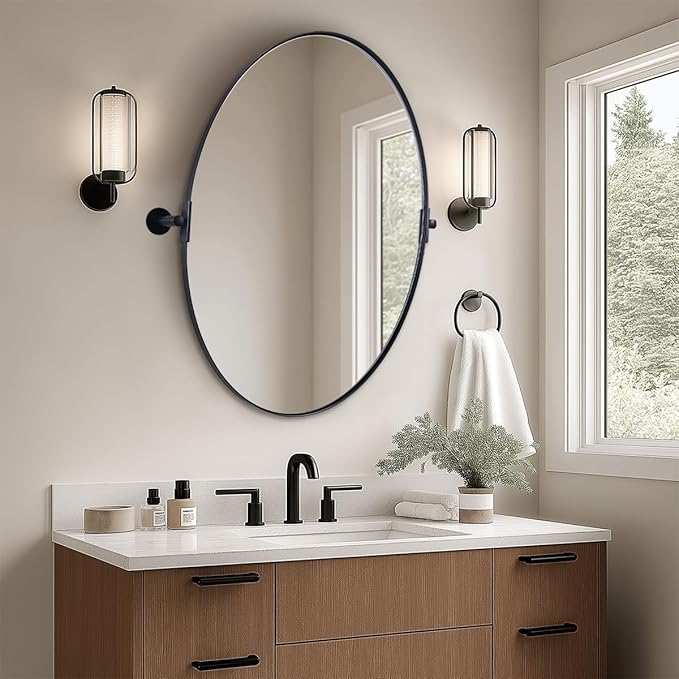 ANDY STAR Black Mirror for Bathroom, 24 x 32 Inch Oval Wall Mirror with Stainless Steel Metal Frame, Pivot Vanity Mirror Vertical Hanging for Modern Style Room