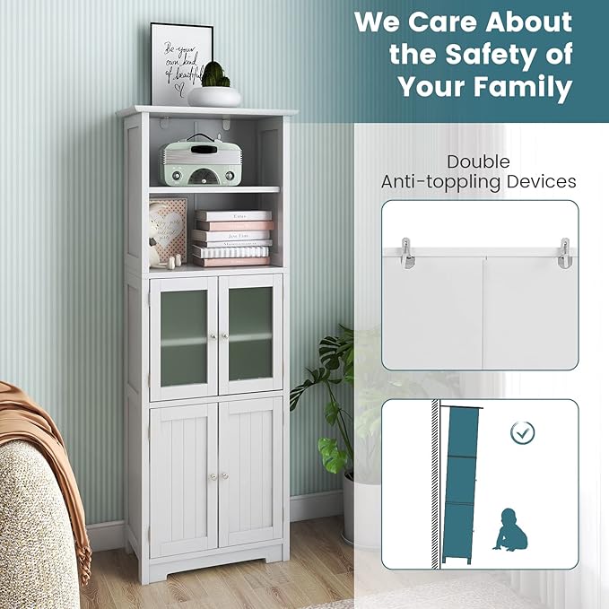 LOKO Tall Bathroom Cabinet, Modern Storage Organizer with Doors & Open Shelves, Wooden Floor Cabinet with Adjustable Shelves for Bathroom, Living Room or Kitchen (White)