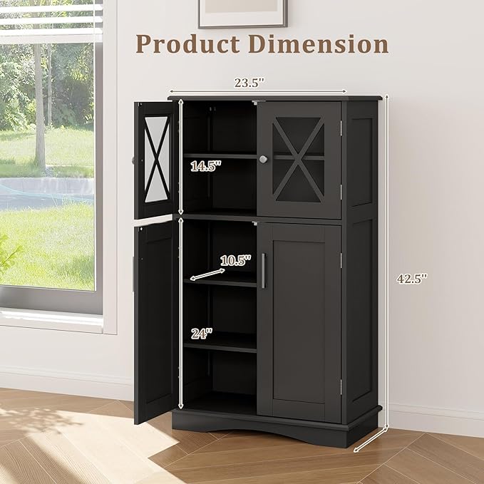 Giantex Bathroom Floor Storage Cabinet - Linen Floor Cabinet with Doors and Adjustable Shelves, Freestanding Side Storage Organizer for Bathroom, Living Room, Entryway, Kitchen Storage Unit (Black)