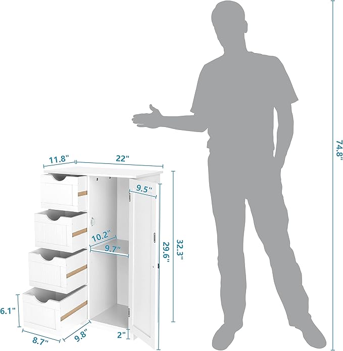 VINGLI White Bathroom Storage Cabinet with 4 Drawers 1 Cupboard Side Storage with Adjustable Shelf, Wood Bathroom Floor Cabinet with Drawers Also for Kitchen, Entryway, Bedroom, 22" Wx11.8 Dx32.3 H