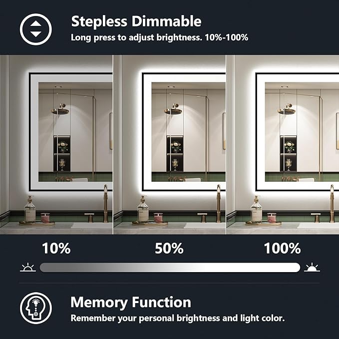 24x36 Inch LED Bathroom Mirror with Lights (Front Lit and Backlit) Black Framed Lighted Vanity Mirror for Bathroom Wall Dimmable Anti-Fog Memory Tempered Glass Horizontal/Vertical