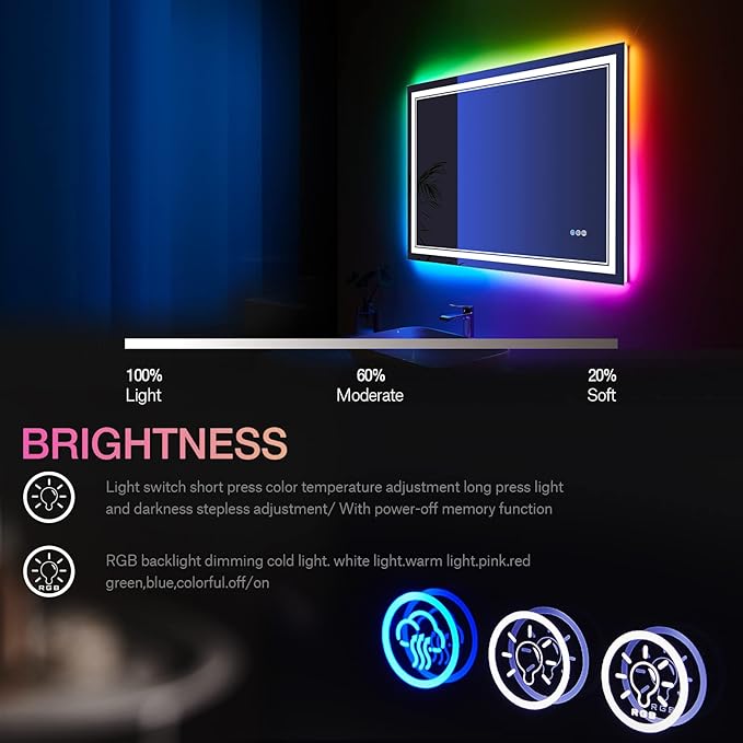40x30 Inch RGB LED Bathroom Mirror with Lights, Color Changing RGB Backlit LED Mirror for Bathroom,Lighted Vanity Mirrors for Bathroom Wall, Dimmable, Anti-Fog (RGB Backlit+Front-Lit)