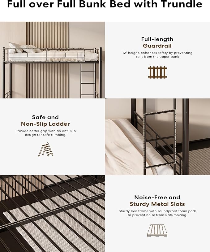Full Over Full Bunk Bed with Trundle, Heavy Duty Metal Bed Frame with Full-Length Guardrails & Ladder, 3-in-1 Convertible Full Bunk Bed, Noise-Free, No Box Spring Needed, Black