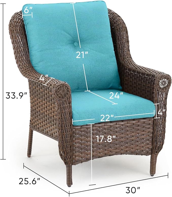 Patio Wicker Chairs Outdoor Furniture Chair - Set of 2 Outside All Weather Lawn Dining Brown Rattan Armchair with High Back&Deep Seating for Deck Porch Balcony Backyard Garden - Turqoise