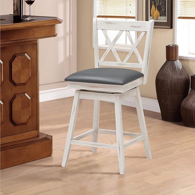 COSTWAY Bar Stool Set of 2, 360° Swivel Counter Height 25inch Bar Stool with Foot Rest Upholstered Cushion & Ergonomic Backrest, Sturdy Frame, for Pub, Kitchen Islands (2, Antique White + Grey)