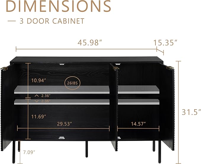 Sideboard Buffet Cabinet, Modern Storage Cabinets with Doors and Shelves, Wooden Fluted Cabinet for Living Room, Entryway, Kitchen(1, Embossed Black)