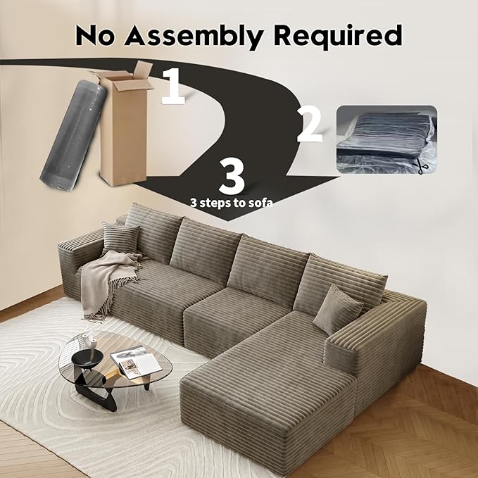 135.4" Cloud Sectional Couch with L-Shape Chaise,Modern Modular Sofa with Deep Seat, Upholstered Couches for Living Room Bedroom Apartments,No Assembly Required, (Camel,Right Facing Chaise)