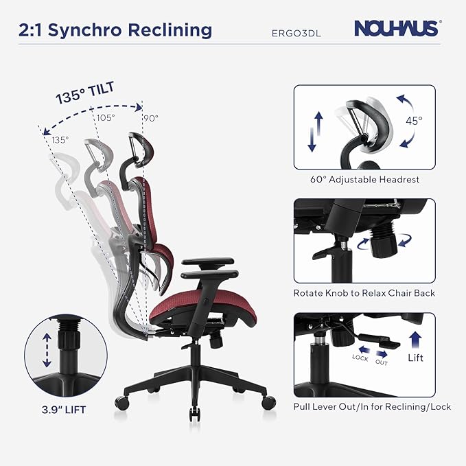 Nouhaus Ergo3dL Home Office Desk Chairs Ergonomic Office Chair High-Back Mesh Rolling Work Chairs with Wheels and Adjustable Headrests Comfortable Lumbar Support Adjustable Armrests(Burgundy)