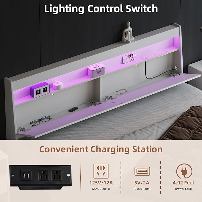 Modern Wooden Headboard with Storage, LED Light, Power Outlets, 2 USB Ports, Black, Skirting Groove (White, Queen)