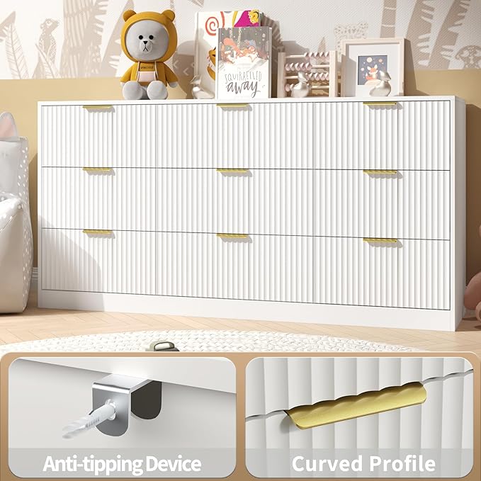 White Dresser for Bedroom with 9 Drawers, 63” Wide White Fluted Dresser Modern Chest of Drawers with Gold Handles, Wooden TV Stand Storage Organizer for Bedroom, Living Room