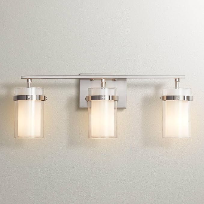 Possini Euro Design Kazran Modern Wall Light Brushed Nickel Slender Hardwire 21 1/4" 3-Light Fixture Frosted White Glass Shade for Bedroom Bathroom Bedside Vanity Living Room Mirror Hallway Dining