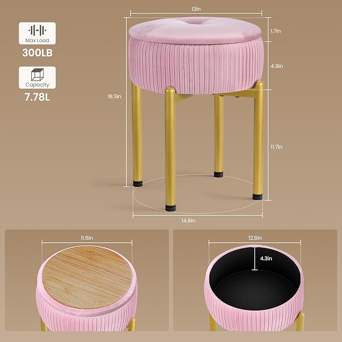 18-Inch Velvet Vanity Stool Chair with Storage, Vanity Bench with 4 Golden Metal Legs & Anti-Slip Adjustable Feet,Round Storage Ottoman Stool with Removable Soft Padded Seat, Pink