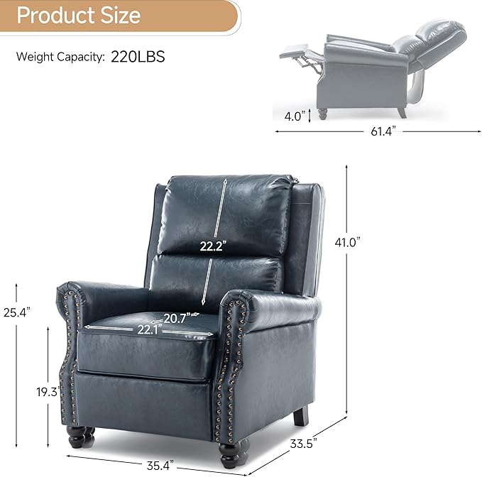 Lumibee Pushback Recliner Chair,Upholstered Wingback Chair for Small Spaces,2 Set of PU Leather Armchair for Living Room,Single Sofa Accent Chair Reading Seat for Balcony,Bedroom-Navy Blue