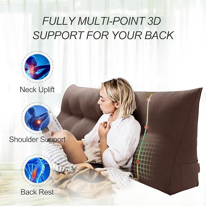 WOWMAX 85% Linen 15% Cotton Blend Headboard Pillow – Twin Size Reading Wedge Backrest for Bed, Handmade Firm Support Bolster Cushion with Removable Cover, Premium Bed Rest Pillow, Brown